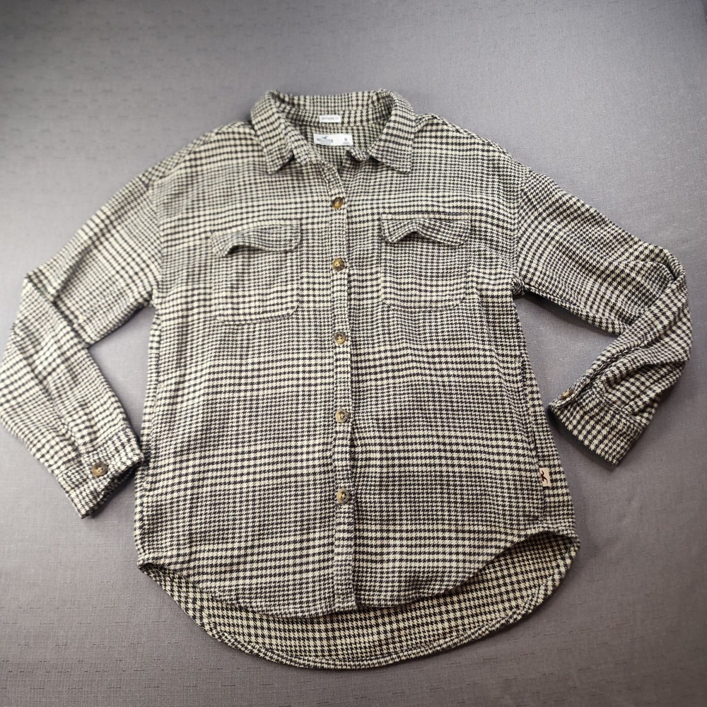 Hollister Boyfriend Fit Shacket Shirt Jacket Flannel Houndstooth Brown Cream Med